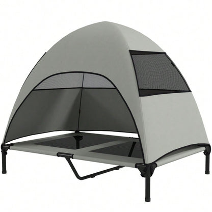 PawHut Hundebett Outdoor mit Dach, erhöhte Liege für große Hunde, wasserfest, 106x76x99 cm, hellgrau