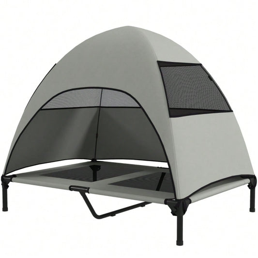 PawHut Hundebett Outdoor mit Dach, erhöhte Liege für große Hunde, wasserfest, 106x76x99 cm, hellgrau