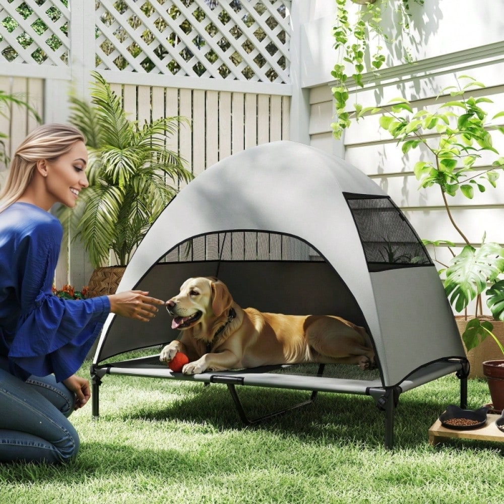 PawHut Hundebett Outdoor mit Dach, erhöhte Liege für große Hunde, wasserfest, 106x76x99 cm, hellgrau
