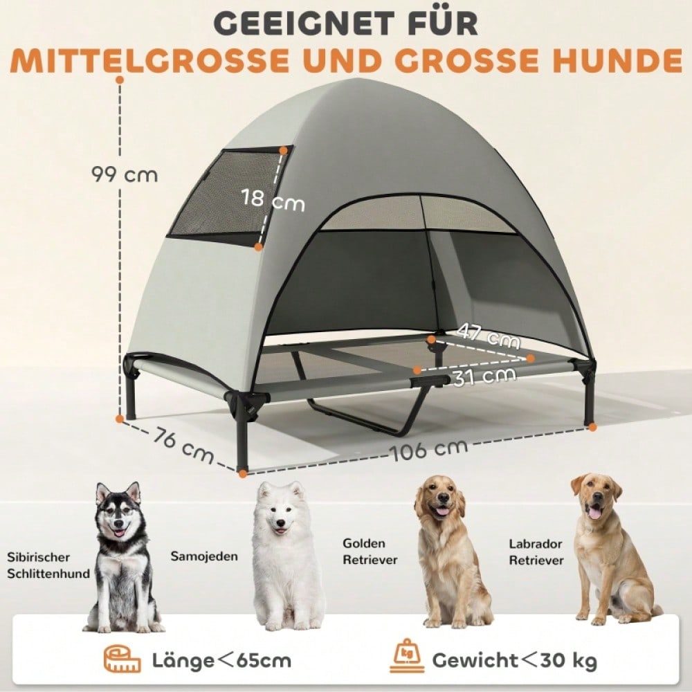 PawHut Hundebett Outdoor mit Dach, erhöhte Liege für große Hunde, wasserfest, 106x76x99 cm, hellgrau