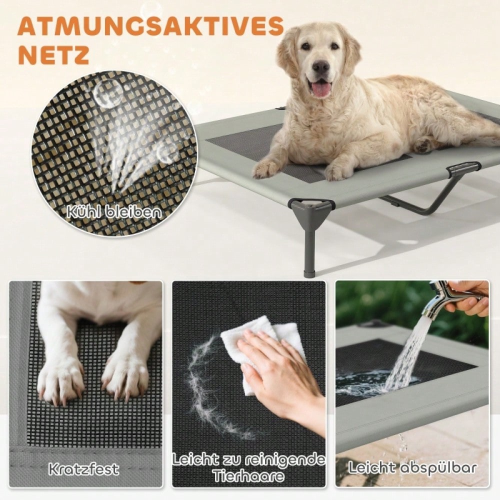 PawHut Hundebett Outdoor mit Dach, erhöhte Liege für große Hunde, wasserfest, 106x76x99 cm, hellgrau