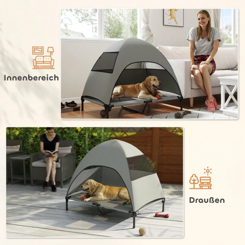 PawHut Hundebett Outdoor mit Dach, erhöhte Liege für große Hunde, wasserfest, 106x76x99 cm, hellgrau