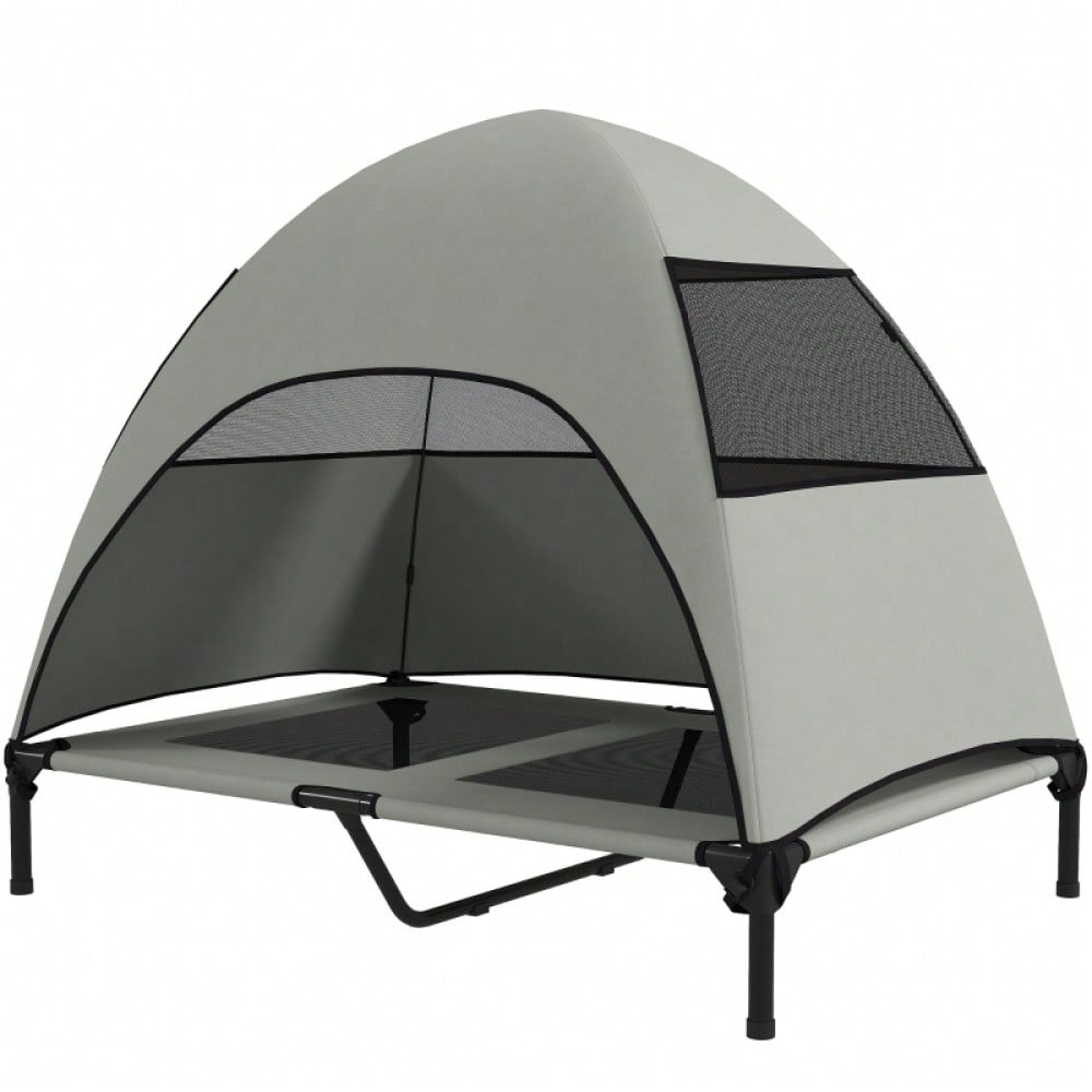 PawHut Hundebett Outdoor mit Dach, erhöhte Liege für große Hunde, wasserfest, 106x76x99 cm, hellgrau
