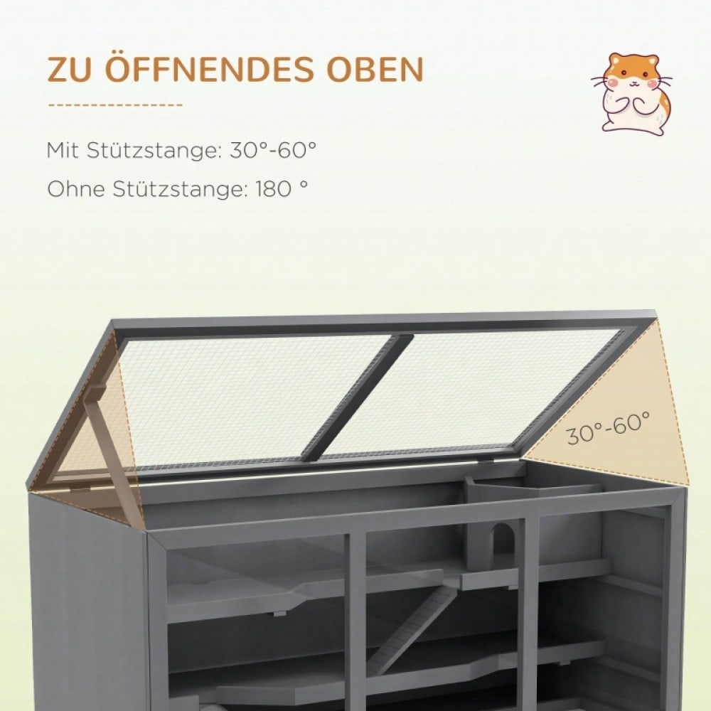PawHut Nagervilla aus Holz dreistöckig, mit Treppen, für Zwerghamster & Nager, grau, 115x57x55 cm