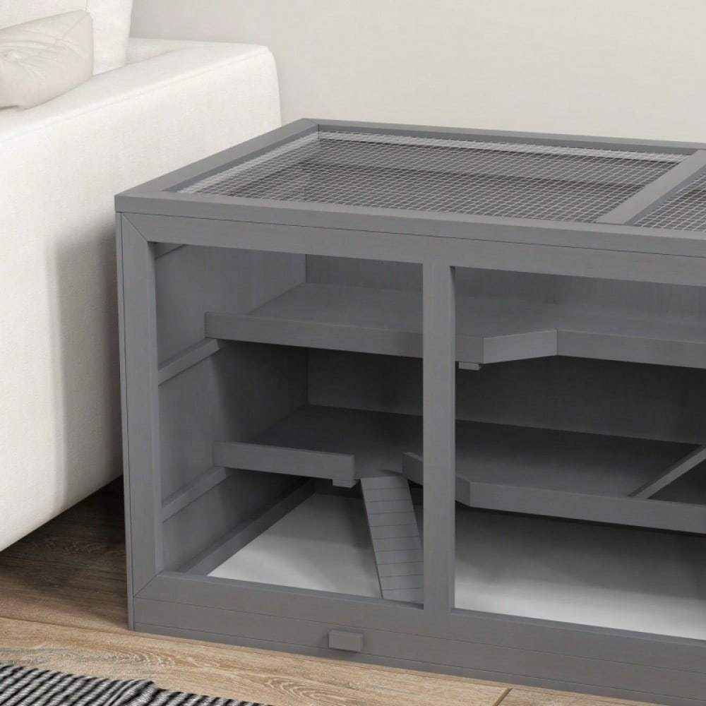 PawHut Nagervilla aus Holz dreistöckig, mit Treppen, für Zwerghamster & Nager, grau, 115x57x55 cm