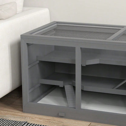 PawHut Nagervilla aus Holz dreistöckig, mit Treppen, für Zwerghamster & Nager, grau, 115x57x55 cm