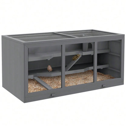 PawHut Nagervilla aus Holz dreistöckig, mit Treppen, für Zwerghamster & Nager, grau, 115x57x55 cm