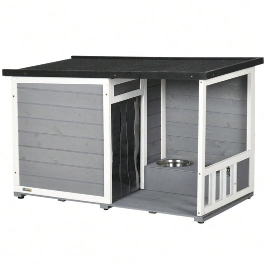 PawHut Hundehütte mit Terrasse aus Tannenholz, wetterfest mit Asphaltdach, inkl. 2 Schüsseln, grau, 103x62x60-66 cm