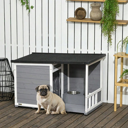 PawHut Hundehütte mit Terrasse aus Tannenholz, wetterfest mit Asphaltdach, inkl. 2 Schüsseln, grau, 103x62x60-66 cm
