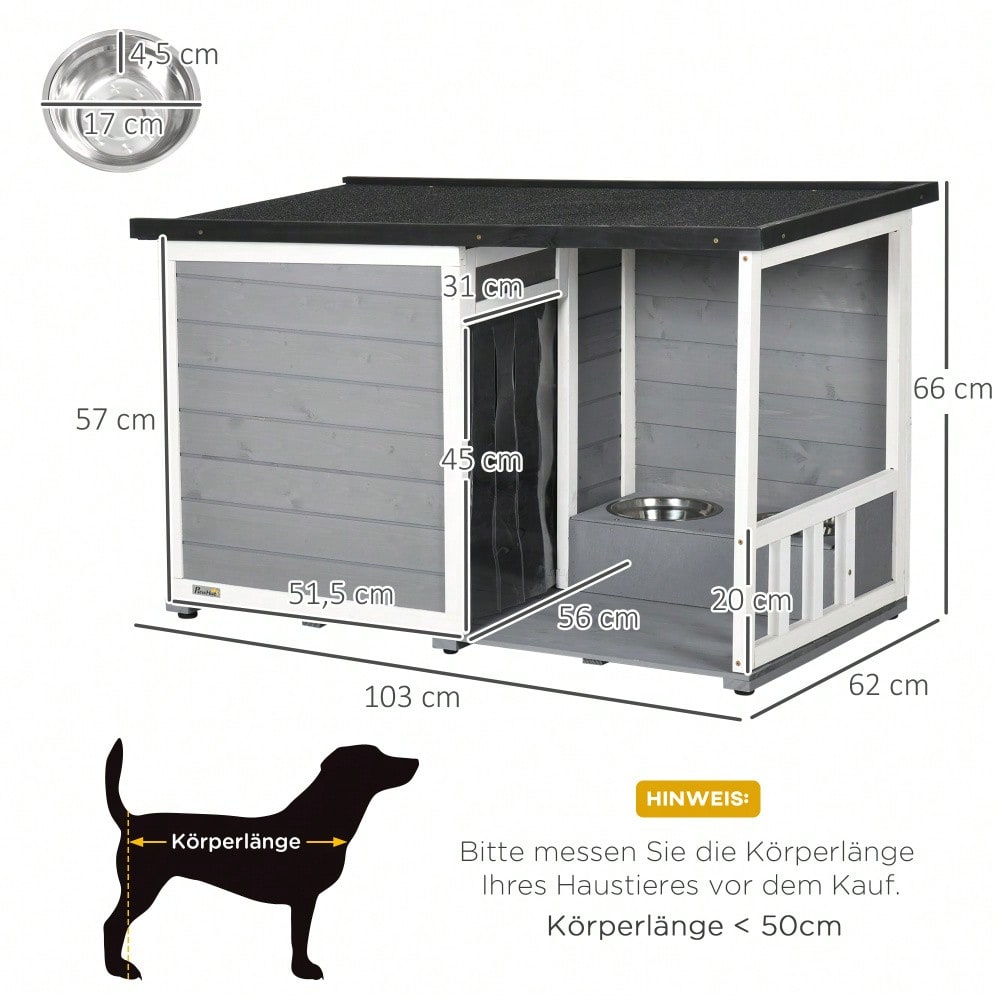 PawHut Hundehütte mit Terrasse aus Tannenholz, wetterfest mit Asphaltdach, inkl. 2 Schüsseln, grau, 103x62x60-66 cm