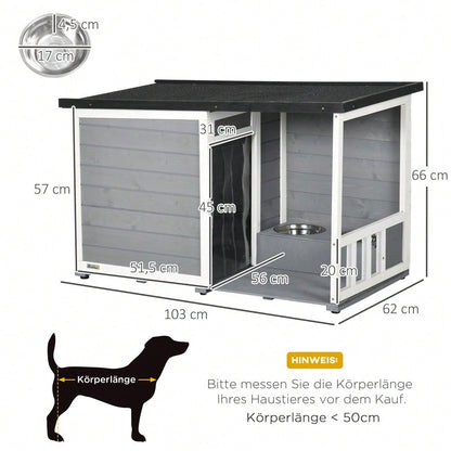 PawHut Hundehütte mit Terrasse aus Tannenholz, wetterfest mit Asphaltdach, inkl. 2 Schüsseln, grau, 103x62x60-66 cm