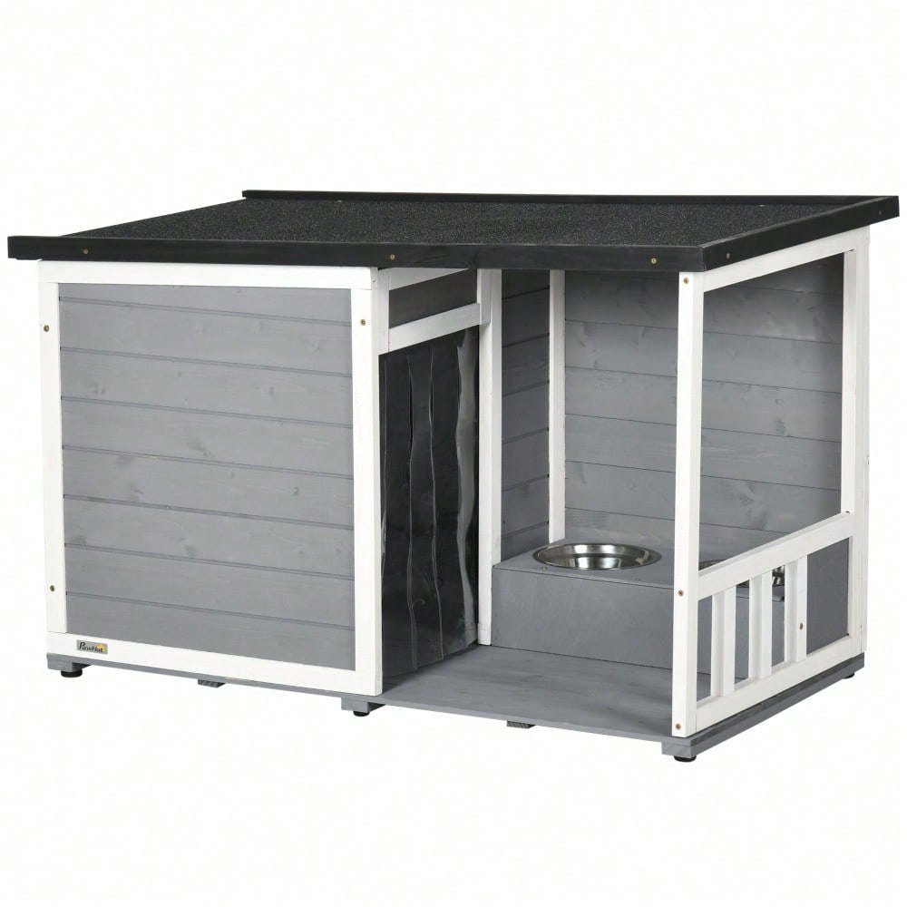 PawHut Hundehütte mit Terrasse aus Tannenholz, wetterfest mit Asphaltdach, inkl. 2 Schüsseln, grau, 103x62x60-66 cm