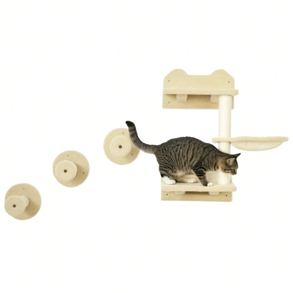 PawHut Kletterbaum-Set 4-tlg für Katzen, mit Kletterstufen, Kletterwand, Kratzbaum & Hängematte, beige/cremeweiß, 40x28x73 cm