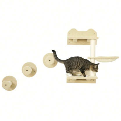 PawHut Kletterbaum-Set 4-tlg für Katzen, mit Kletterstufen, Kletterwand, Kratzbaum & Hängematte, beige/cremeweiß, 40x28x73 cm