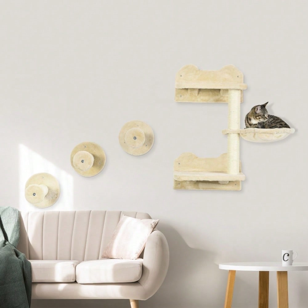 PawHut Kletterbaum-Set 4-tlg für Katzen, mit Kletterstufen, Kletterwand, Kratzbaum & Hängematte, beige/cremeweiß, 40x28x73 cm