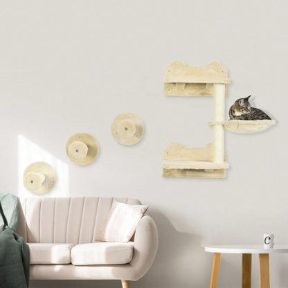 PawHut Kletterbaum-Set 4-tlg für Katzen, mit Kletterstufen, Kletterwand, Kratzbaum & Hängematte, beige/cremeweiß, 40x28x73 cm