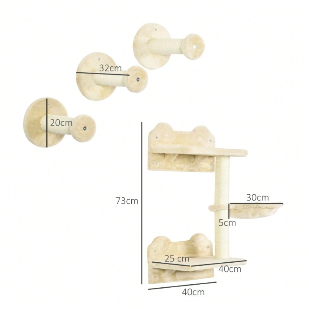 PawHut Kletterbaum-Set 4-tlg für Katzen, mit Kletterstufen, Kletterwand, Kratzbaum & Hängematte, beige/cremeweiß, 40x28x73 cm
