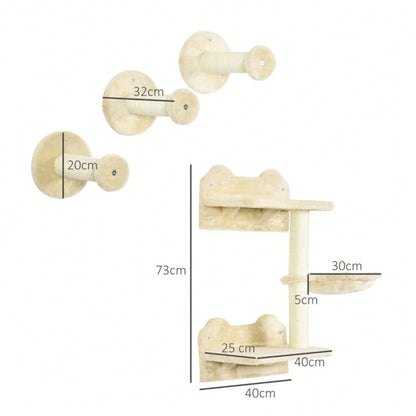 PawHut Kletterbaum-Set 4-tlg für Katzen, mit Kletterstufen, Kletterwand, Kratzbaum & Hängematte, beige/cremeweiß, 40x28x73 cm