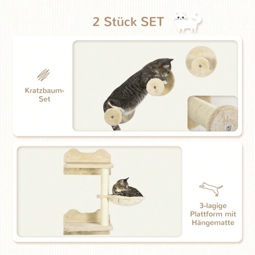 PawHut Kletterbaum-Set 4-tlg für Katzen, mit Kletterstufen, Kletterwand, Kratzbaum & Hängematte, beige/cremeweiß, 40x28x73 cm