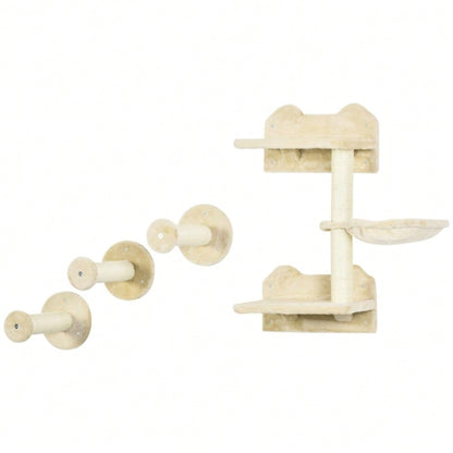 PawHut Kletterbaum-Set 4-tlg für Katzen, mit Kletterstufen, Kletterwand, Kratzbaum & Hängematte, beige/cremeweiß, 40x28x73 cm