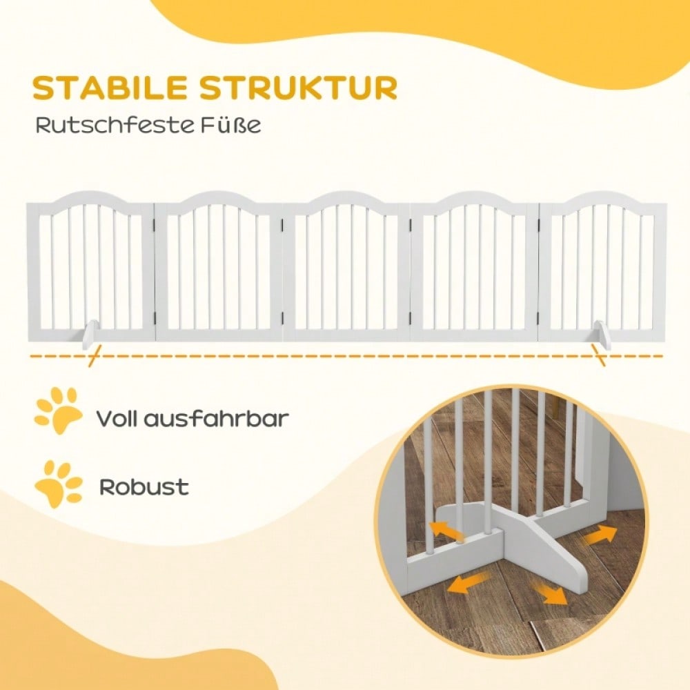 PawHut Absperrgitter für Hunde 5-teilig, klappbar & flexibel, aus Massivholz & MDF, weiß, 254,5x29,5x61 cm