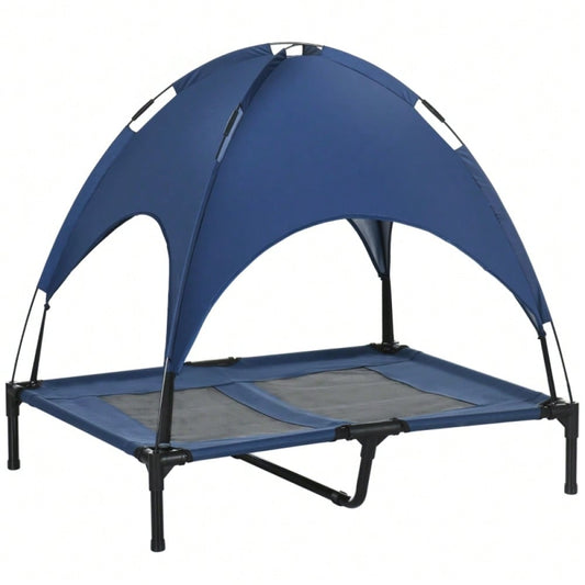 PawHut Hundebett mit Baldachin für Outdoor, klappbar & erhöht, wetterfest, blau/schwarz