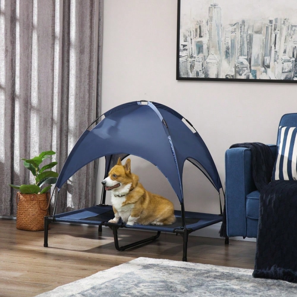 PawHut Hundebett mit Baldachin für Outdoor, klappbar & erhöht, wetterfest, blau/schwarz