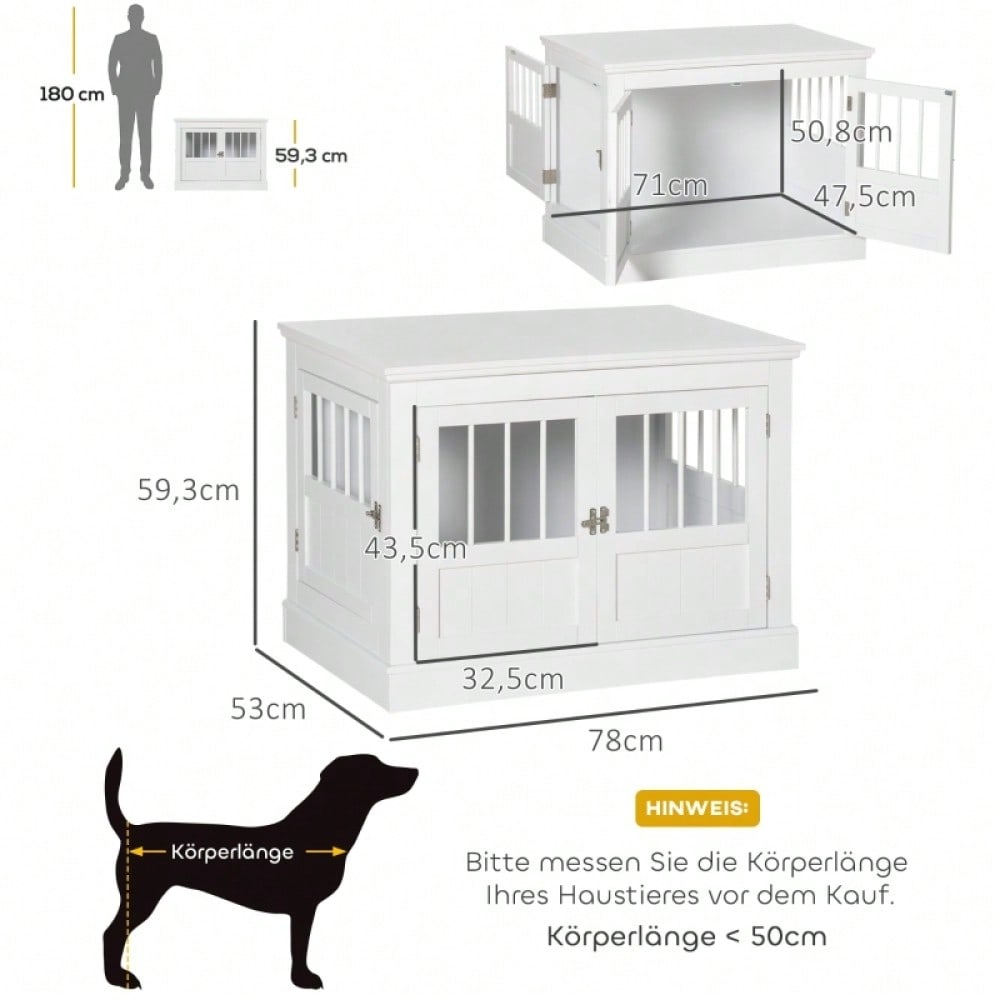 PawHut Hundekäfig als Möbelstück mit 3 Türen, Hundehütte & Transportbox für Zuhause, weiß, 78x53x59,3 cm
