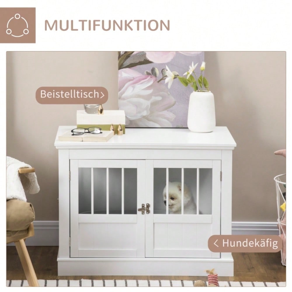 PawHut Hundekäfig als Möbelstück mit 3 Türen, Hundehütte & Transportbox für Zuhause, weiß, 78x53x59,3 cm