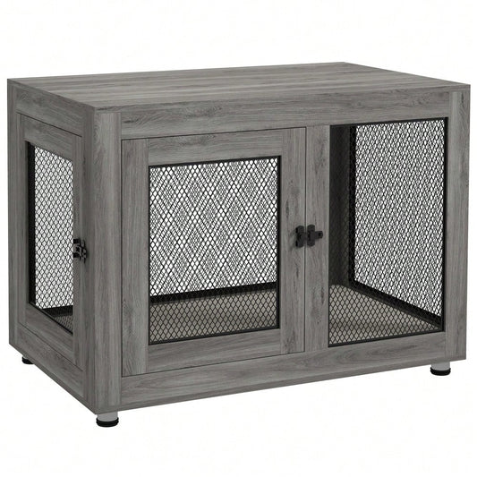 PawHut Hundekäfig für Zuhause mit 2 Türen, waschbarem Kissen & verstellbaren Füßen, für große Hunde bis 30 kg, grau, 94x60x71,5 cm