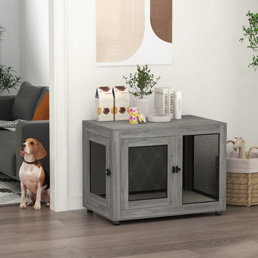 PawHut Hundekäfig für Zuhause mit 2 Türen, waschbarem Kissen & verstellbaren Füßen, für große Hunde bis 30 kg, grau, 94x60x71,5 cm
