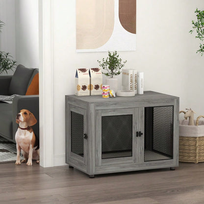 PawHut Hundekäfig für Zuhause mit 2 Türen, waschbarem Kissen & verstellbaren Füßen, für große Hunde bis 30 kg, grau, 94x60x71,5 cm