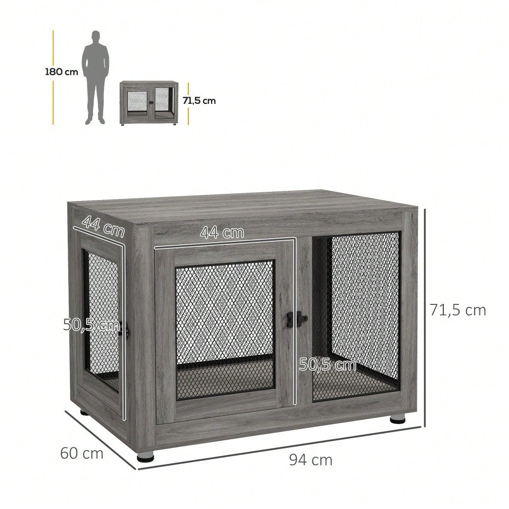 PawHut Hundekäfig für Zuhause mit 2 Türen, waschbarem Kissen & verstellbaren Füßen, für große Hunde bis 30 kg, grau, 94x60x71,5 cm