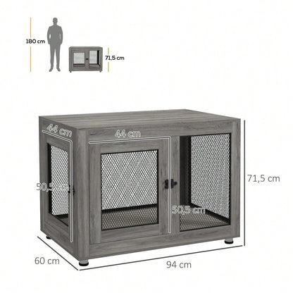PawHut Hundekäfig für Zuhause mit 2 Türen, waschbarem Kissen & verstellbaren Füßen, für große Hunde bis 30 kg, grau, 94x60x71,5 cm