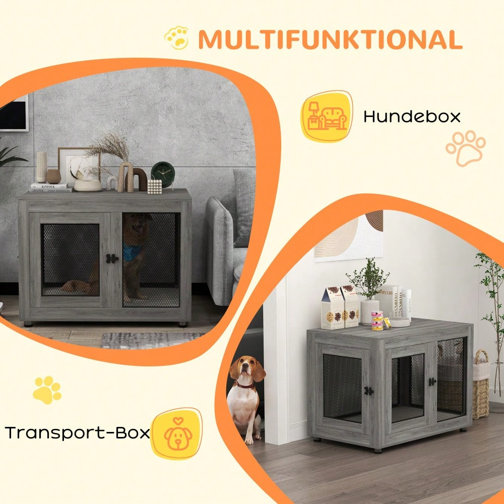 PawHut Hundekäfig für Zuhause mit 2 Türen, waschbarem Kissen & verstellbaren Füßen, für große Hunde bis 30 kg, grau, 94x60x71,5 cm