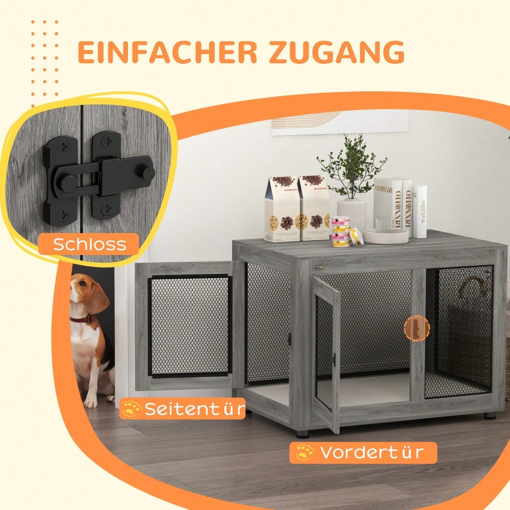 PawHut Hundekäfig für Zuhause mit 2 Türen, waschbarem Kissen & verstellbaren Füßen, für große Hunde bis 30 kg, grau, 94x60x71,5 cm