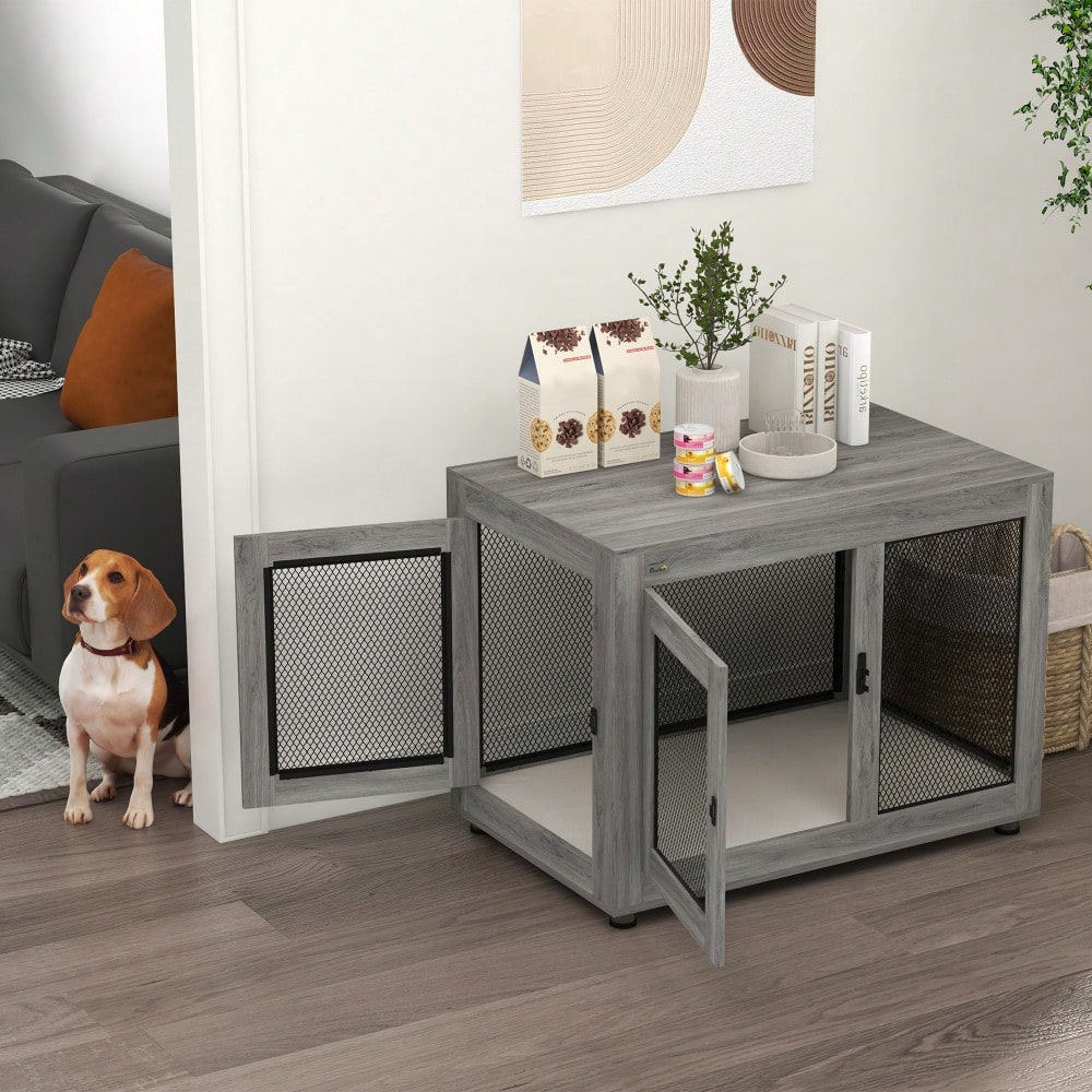 PawHut Hundekäfig für Zuhause mit 2 Türen, waschbarem Kissen & verstellbaren Füßen, für große Hunde bis 30 kg, grau, 94x60x71,5 cm