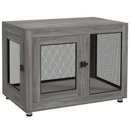 PawHut Hundekäfig für Zuhause mit 2 Türen, waschbarem Kissen & verstellbaren Füßen, für große Hunde bis 30 kg, grau, 94x60x71,5 cm