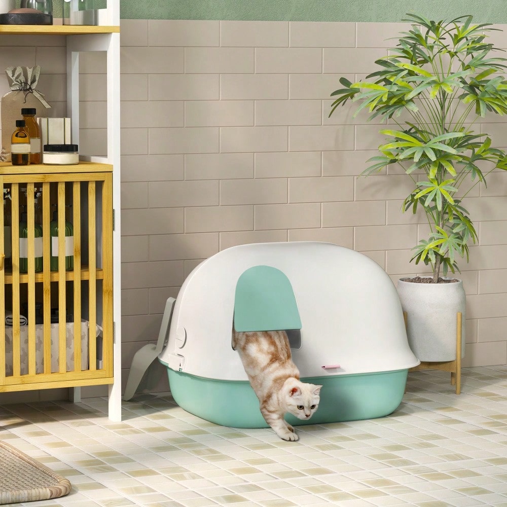 PawHut Katzentoilette mit Deckel & Tür, geschlossenes Katzenklo mit Sieb & Schaufel, für kleine Katzen unter 3,5 kg, aus Kunststoff, grün