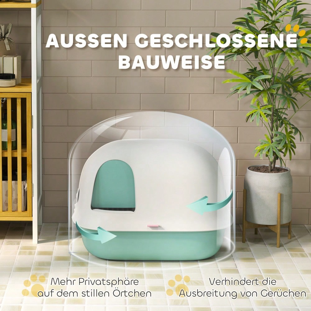 PawHut Katzentoilette mit Deckel & Tür, geschlossenes Katzenklo mit Sieb & Schaufel, für kleine Katzen unter 3,5 kg, aus Kunststoff, grün