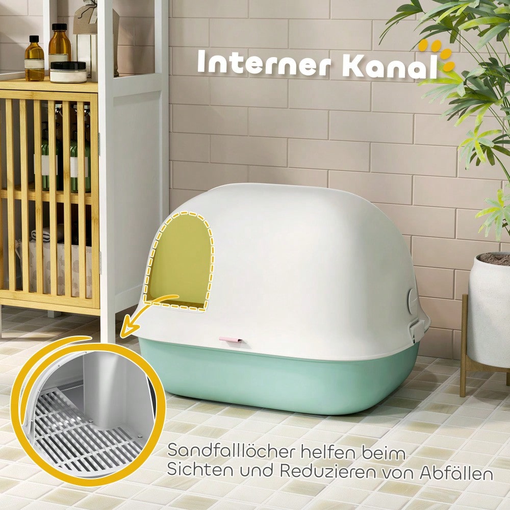 PawHut Katzentoilette mit Deckel & Tür, geschlossenes Katzenklo mit Sieb & Schaufel, für kleine Katzen unter 3,5 kg, aus Kunststoff, grün
