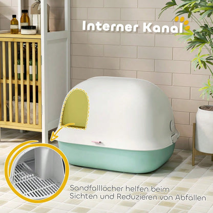 PawHut Katzentoilette mit Deckel & Tür, geschlossenes Katzenklo mit Sieb & Schaufel, für kleine Katzen unter 3,5 kg, aus Kunststoff, grün