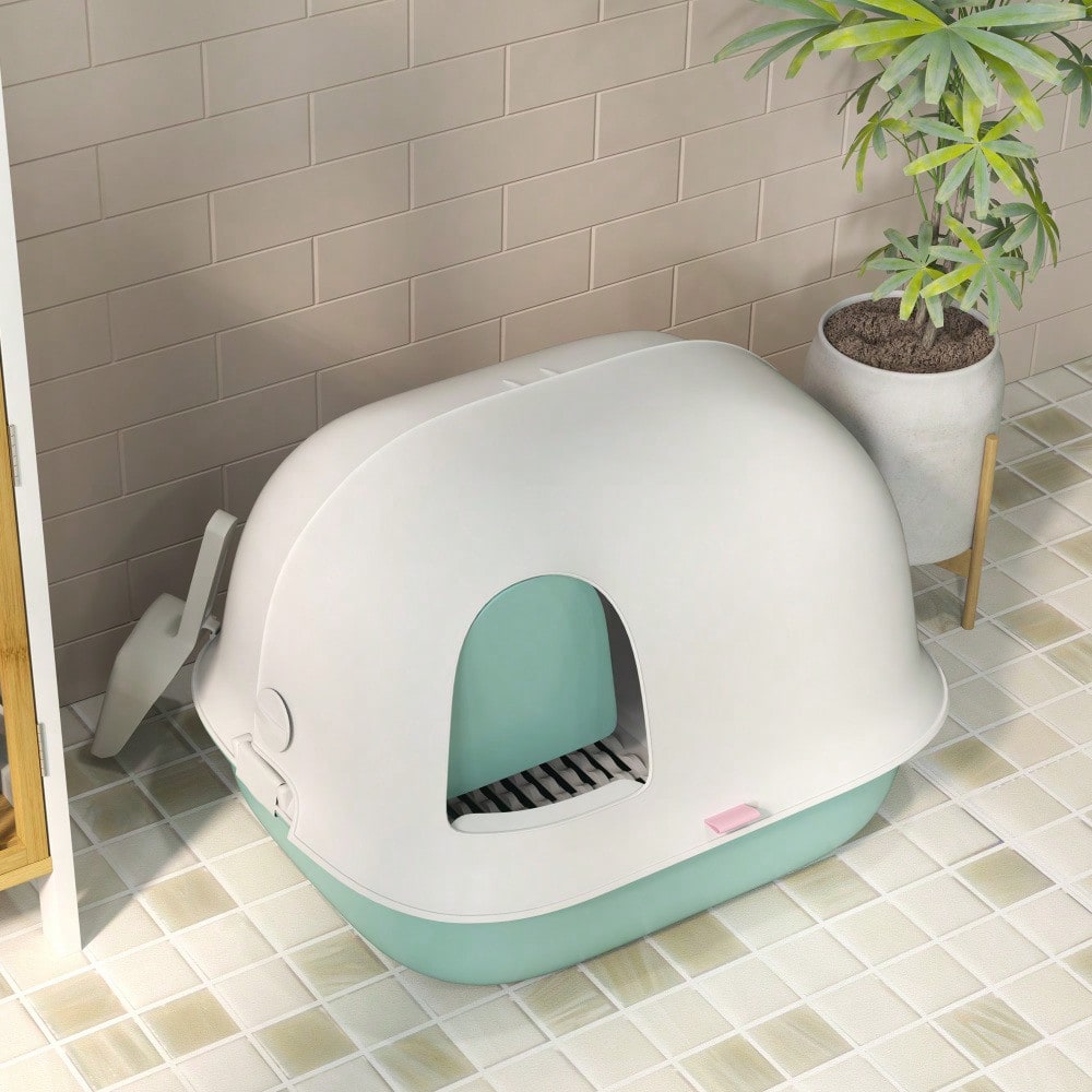PawHut Katzentoilette mit Deckel & Tür, geschlossenes Katzenklo mit Sieb & Schaufel, für kleine Katzen unter 3,5 kg, aus Kunststoff, grün