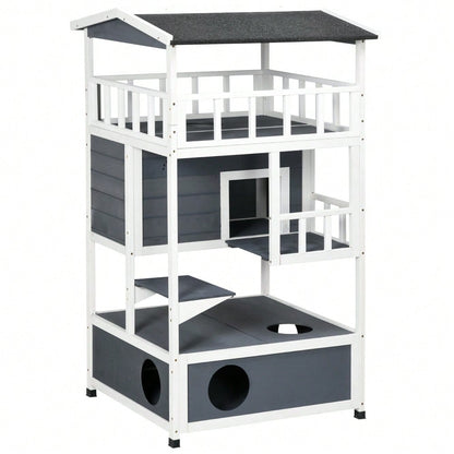 PawHut Katzenhaus 4-stöckig mit Toilette & Balkon, Katzenvilla aus Massivholz mit Asphaltdach & Treppe, grau, 78x76x140 cm