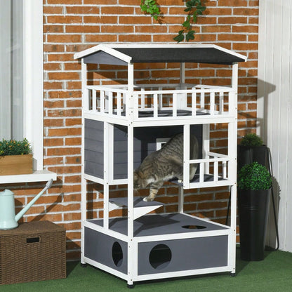 PawHut Katzenhaus 4-stöckig mit Toilette & Balkon, Katzenvilla aus Massivholz mit Asphaltdach & Treppe, grau, 78x76x140 cm