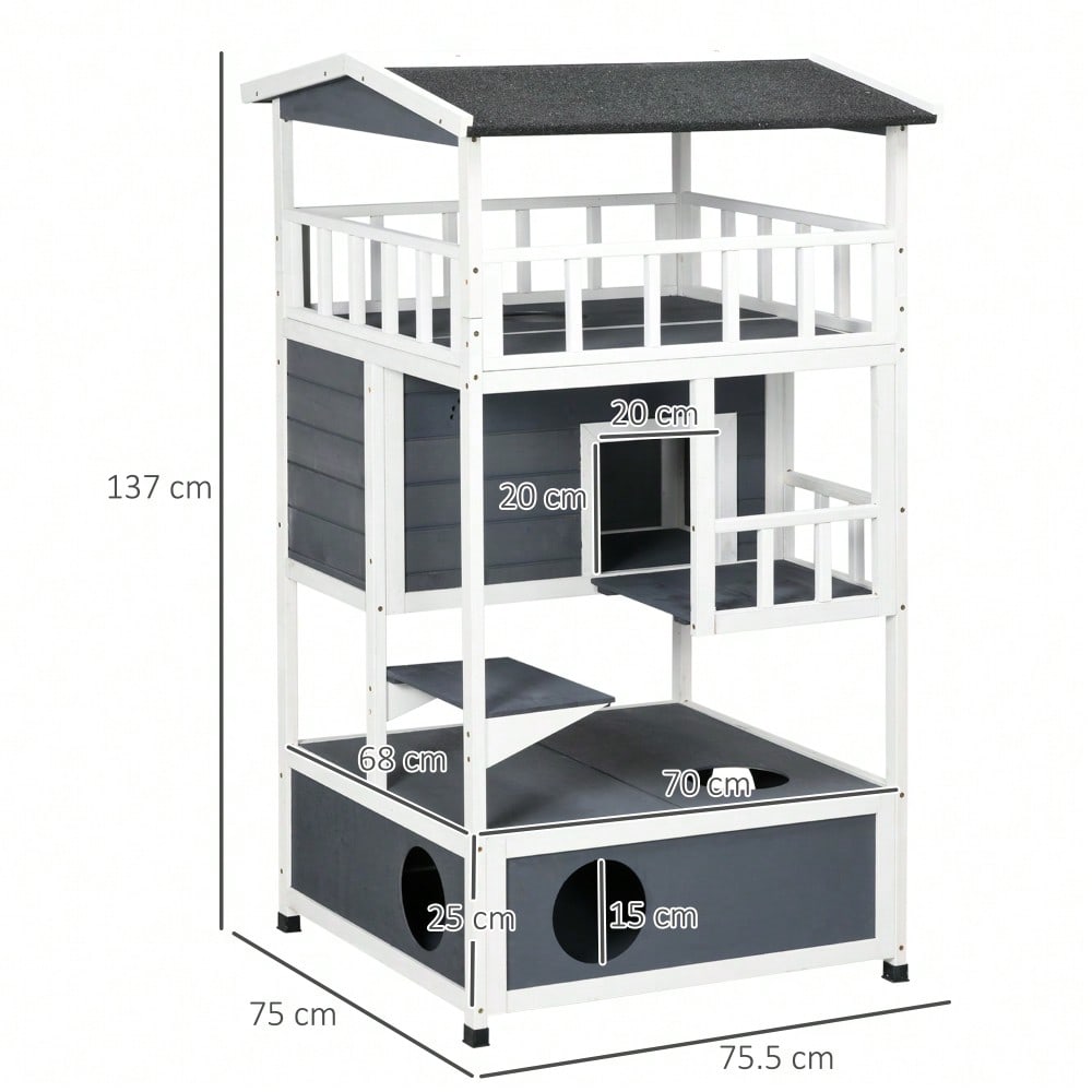 PawHut Katzenhaus 4-stöckig mit Toilette & Balkon, Katzenvilla aus Massivholz mit Asphaltdach & Treppe, grau, 78x76x140 cm