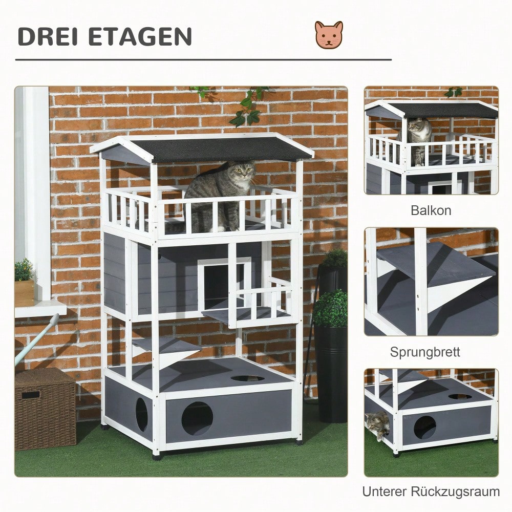 PawHut Katzenhaus 4-stöckig mit Toilette & Balkon, Katzenvilla aus Massivholz mit Asphaltdach & Treppe, grau, 78x76x140 cm