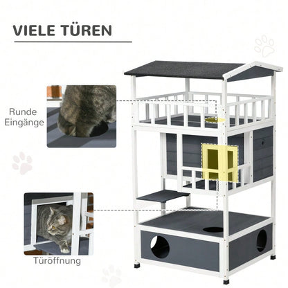 PawHut Katzenhaus 4-stöckig mit Toilette & Balkon, Katzenvilla aus Massivholz mit Asphaltdach & Treppe, grau, 78x76x140 cm