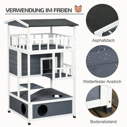 PawHut Katzenhaus 4-stöckig mit Toilette & Balkon, Katzenvilla aus Massivholz mit Asphaltdach & Treppe, grau, 78x76x140 cm