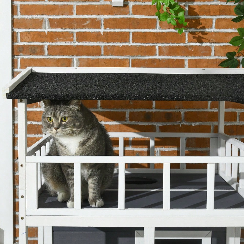 PawHut Katzenhaus 4-stöckig mit Toilette & Balkon, Katzenvilla aus Massivholz mit Asphaltdach & Treppe, grau, 78x76x140 cm